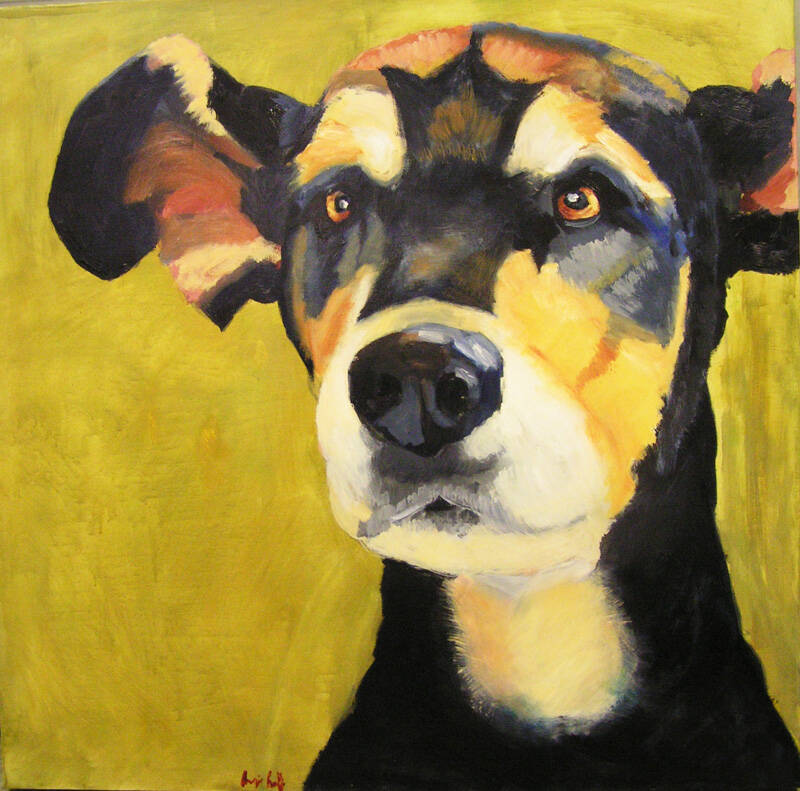 Portrait of a black, white, and brown dog against a green background.